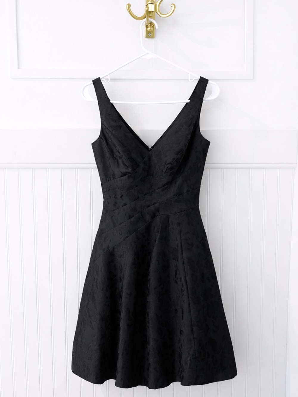 White House Black Market Black Textured V-Neck A-Line Mini Dress